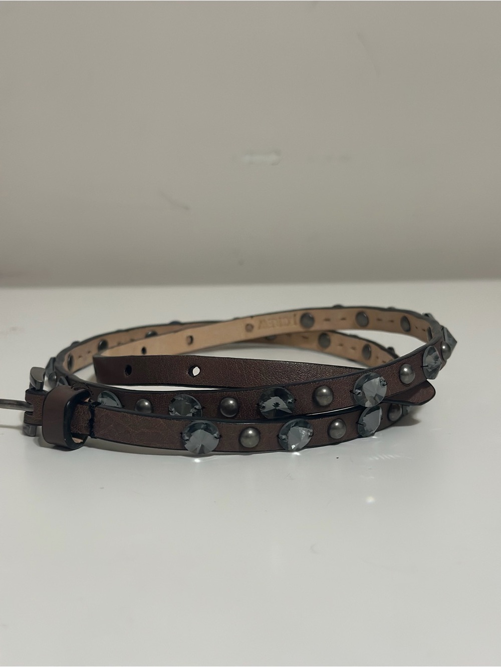 J.Crew Skinny Brown Leather Crystal Studded Belt Women’s Small Boho Y2K 35” - Picture 8 of 10